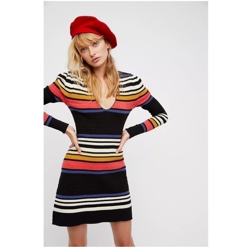 Free People Striped Gidget Waffle Knit Retro Mini Black Colorful Stretch Large